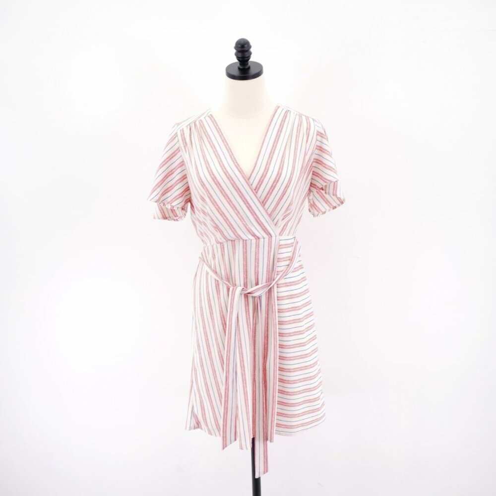 Monteau Large White Pink Blue Striped Belted Wrap Tunic Large Dress V-Neck
